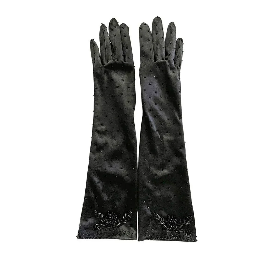 Vintage Beaded Black Satin Upper Forearm Long Formal Evening Gloves Size S/M